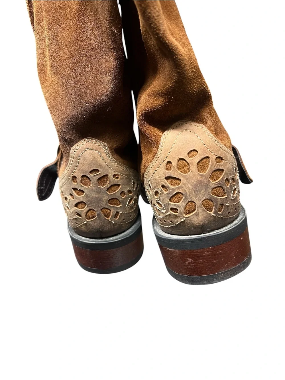 Laredo Caught you lookin brown leather and suede floral square toe riding boots